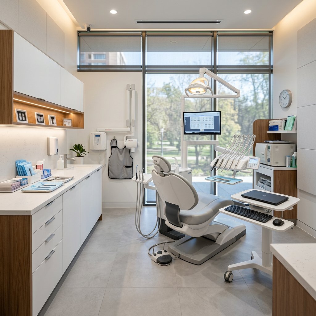 Dental office with a dental chair, overhead light, computer screen, and dental instruments