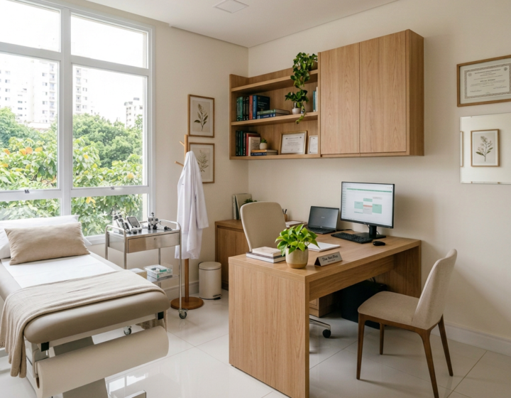 Modern medical consultation room with examination bed, desk, sink, and shelving