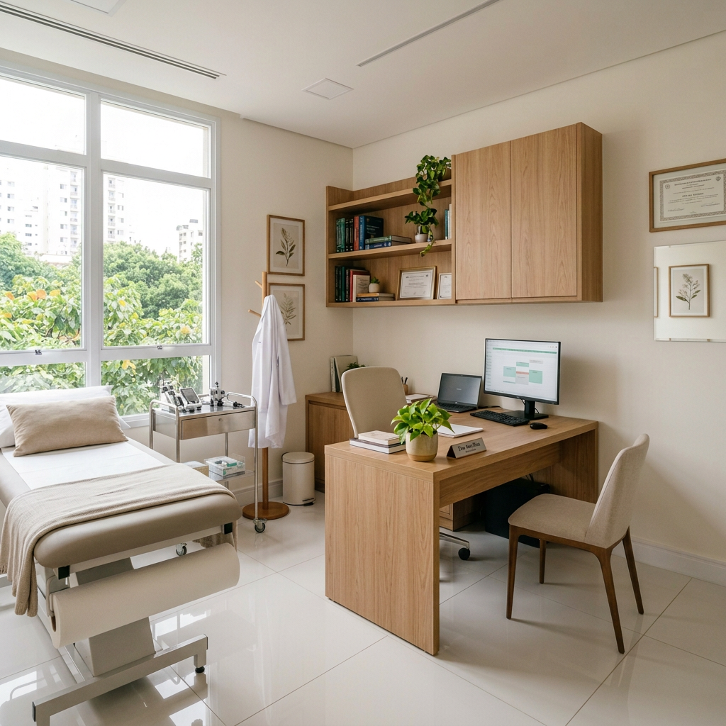 Modern medical consultation room with examination bed, desk, sink, and shelving